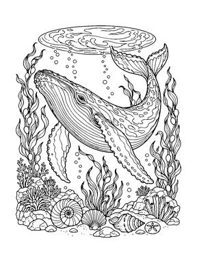 A humpback whale curves beneath a complete oval ocean swell above shells, kelp and coral.