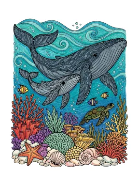 Whale and Calf Over Reef Coloring Page colored with AI in crayon style