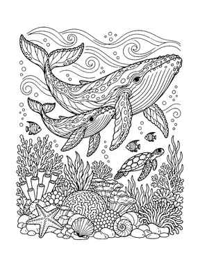A larger whale and its calf swim together above coral, shells, sea plants and small fish.