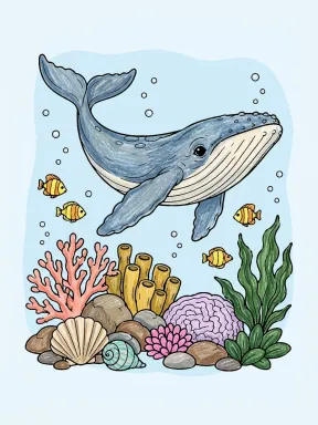 Young Whale Above Coral Reef Coloring Page colored with AI in crayon style