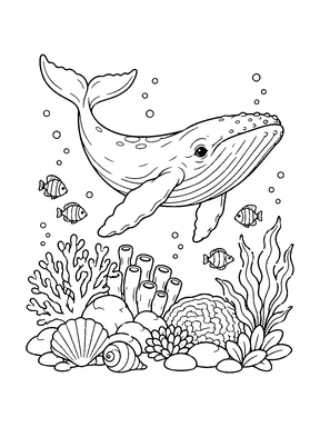 A young whale swims above a small reef garden with coral, shells and sea plants.