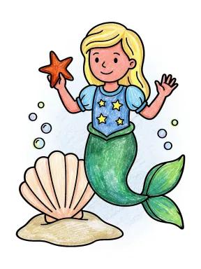 Mermaid Waving with a Starfish Coloring Page colored with AI in crayon style