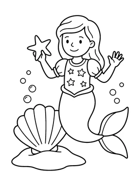 A mermaid in a short-sleeved star-patterned top holds a starfish and waves beside an open seashell on sand, with bubbles on either side.