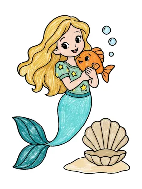 Mermaid Hugging a Fish Friend Coloring Page colored with AI in crayon style