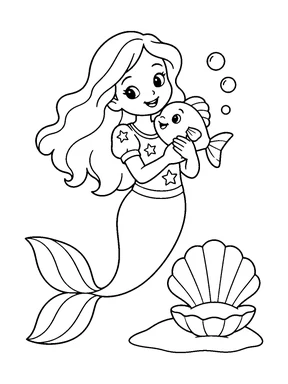 A smiling mermaid wearing a short-sleeved star-patterned top hugs a small fish beside an open scallop shell on sand, with bubbles above the fish.