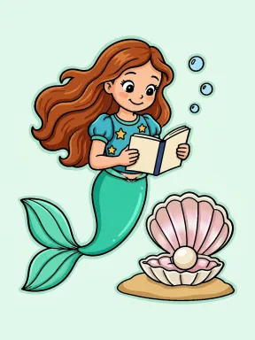 Mermaid Reading beside a Pearl Shell Coloring Page colored with AI in marker style