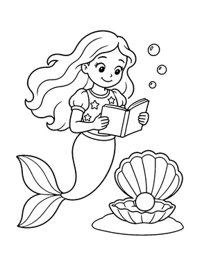 A mermaid in a short-sleeved star-patterned top reads an open book beside a scallop shell holding a pearl, with bubbles above the book.