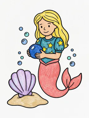 Mermaid Holding a Pearl beside a Seashell Coloring Page colored with AI in crayon style