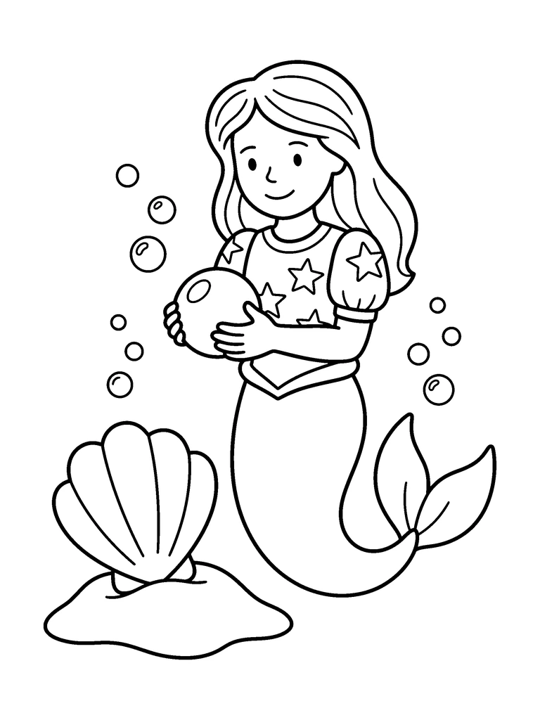 A smiling mermaid in a short-sleeved star-patterned top holds a round pearl beside an open seashell, a sand patch and bubbles.
