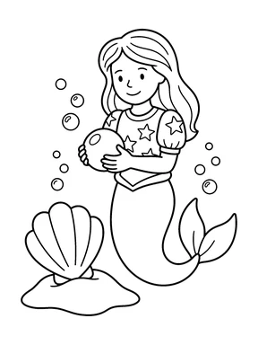 A smiling mermaid in a short-sleeved star-patterned top holds a round pearl beside an open seashell, a sand patch and bubbles.