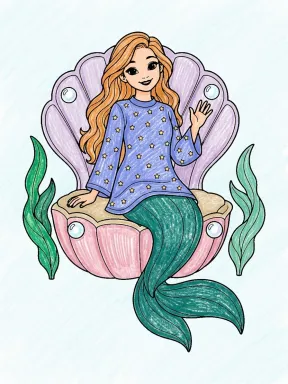 Mermaid in a Star Tunic Coloring Page colored with AI in crayon style