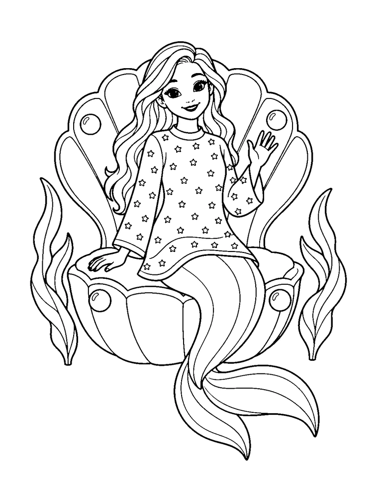 A smiling mermaid in a loose star-patterned tunic waves from an open shell chair with four pearls, with seaweed on both sides.