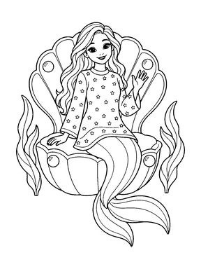 A smiling mermaid in a loose star-patterned tunic waves from an open shell chair with four pearls, with seaweed on both sides.