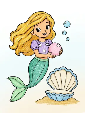 Mermaid with a Pearl and Shell Coloring Page colored with AI in crayon style