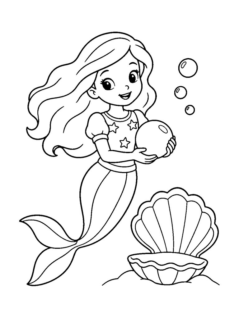 A mermaid in a short-sleeve top with stars holds a big pearl in both hands beside an open scallop shell, with bubbles rising.