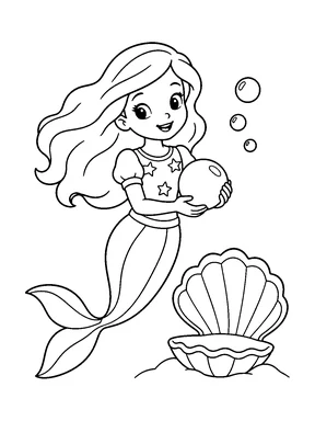 A mermaid in a short-sleeve top with stars holds a big pearl in both hands beside an open scallop shell, with bubbles rising.