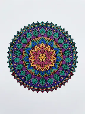 Layered Leaf Lace Mandala Coloring Page colored with AI in marker style