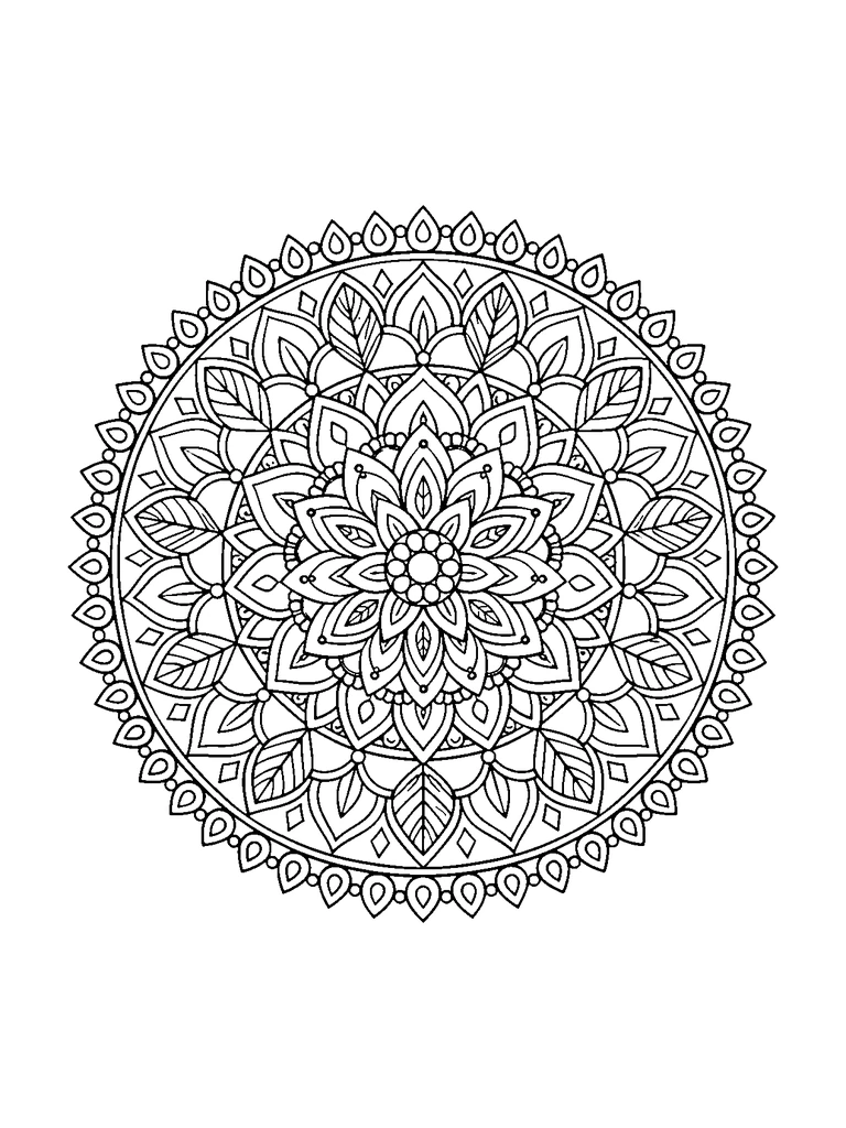 A detailed round mandala with a small flower center, layered teardrop petals, veined leaves, geometric bands, and a lace-like outer border.
