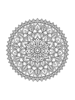 A detailed round mandala with a small flower center, layered teardrop petals, veined leaves, geometric bands, and a lace-like outer border.