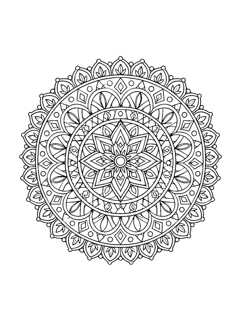 A detailed round mandala with a layered star flower, curved arches, small diamonds, circle bands, and a petal lace edge.