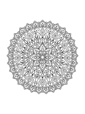 A detailed round mandala with a layered star flower, curved arches, small diamonds, circle bands, and a petal lace edge.
