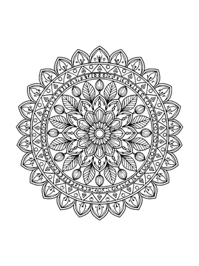 A detailed round mandala with a daisy-like center, striped leaves, small buds, patterned bands, and pointed outer petals.