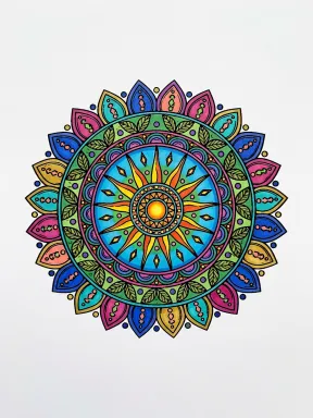 Radiant Leaf Sun Mandala Coloring Page colored with AI in marker style