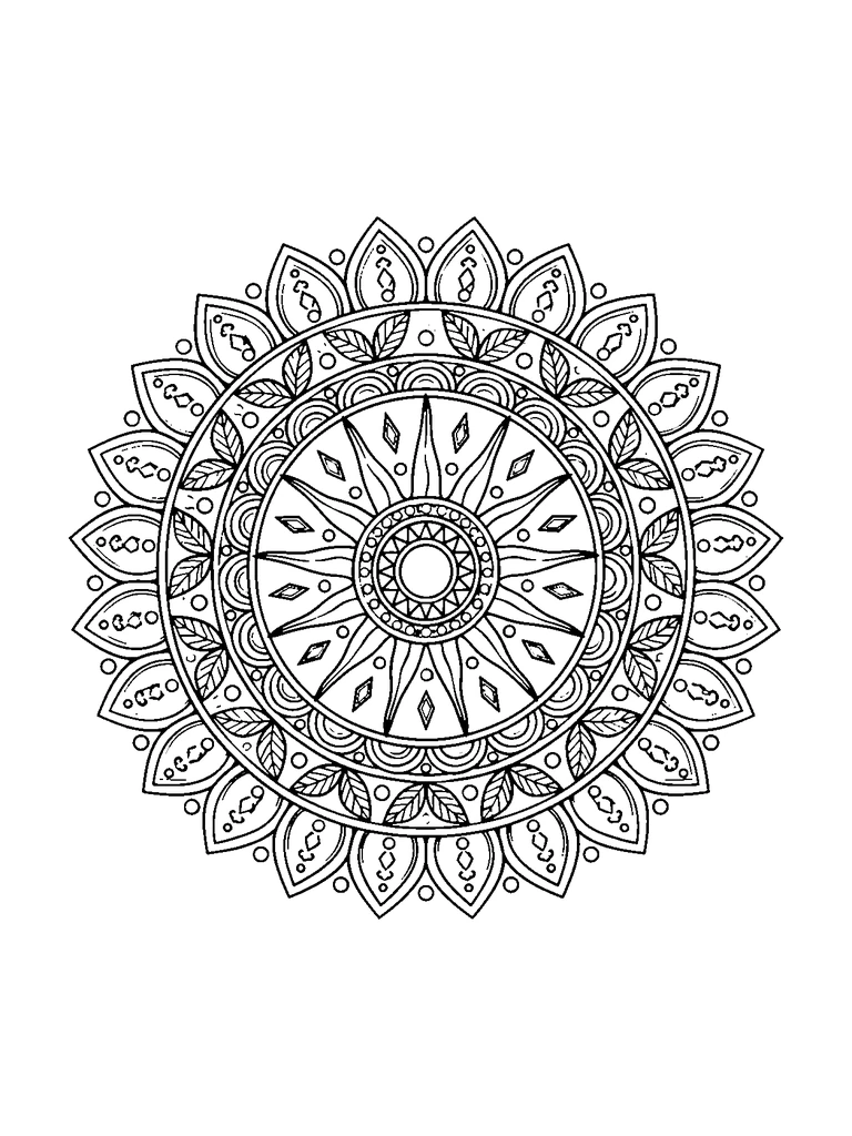 A detailed round mandala with a sun center, long rays, leaf-patterned bands, small beads, and pointed outer petals.