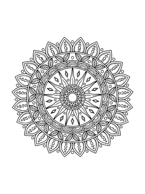 A detailed round mandala with a sun center, long rays, leaf-patterned bands, small beads, and pointed outer petals.