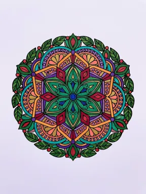 Geometric Leaf Wreath Mandala Coloring Page colored with AI in marker style