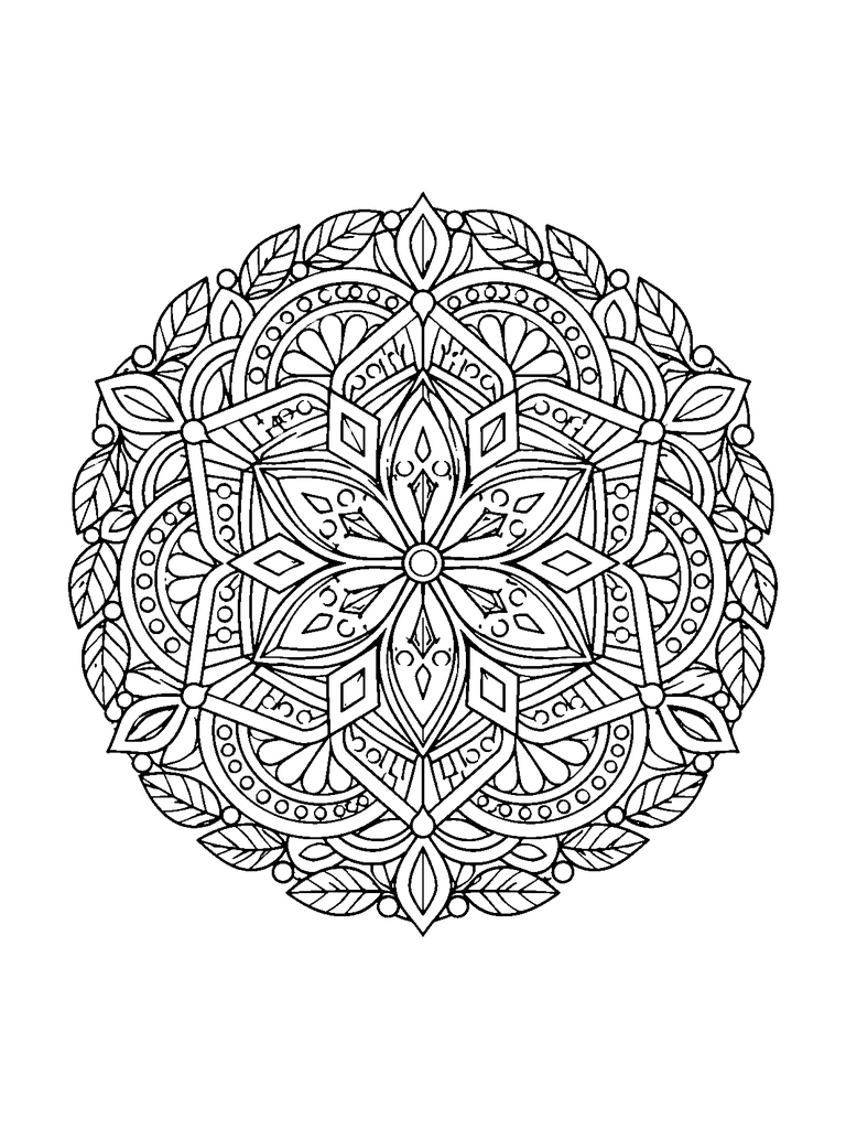A detailed round mandala with a pointed flower center, diamond cells, curved panels, dotted rings, and a leafy outer wreath.