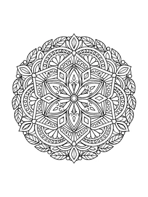 A detailed round mandala with a pointed flower center, diamond cells, curved panels, dotted rings, and a leafy outer wreath.