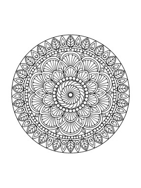 A detailed round mandala with a spiral center, layered lotus petals, rings of small beads, and outlined leaves at the edge.