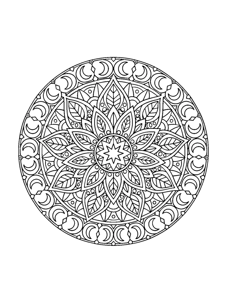 A detailed round mandala with a small star center, layered pointed leaves, tiny dots, and a wide border of crescent shapes.