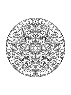 A detailed round mandala with a small star center, layered pointed leaves, tiny dots, and a wide border of crescent shapes.