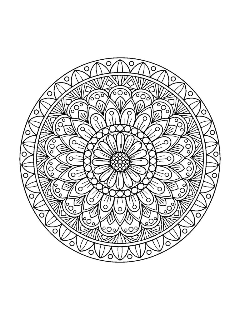 A detailed round mandala with a small daisy center, rounded petals, dotted bands, scalloped arches, and pointed shapes around the rim.