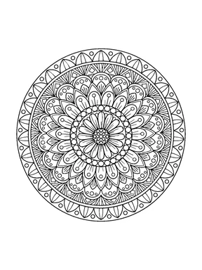 A detailed round mandala with a small daisy center, rounded petals, dotted bands, scalloped arches, and pointed shapes around the rim.