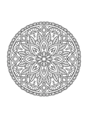 A detailed round mandala with a small flower rosette, layered leaves, curved panels, large diamond tiles, and an outer chain of oval beads.