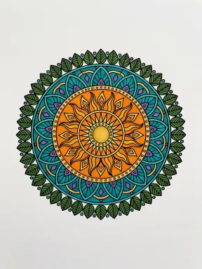 Sun and Leaf Crown Mandala Coloring Page, colored example