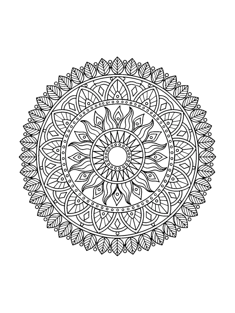 A detailed round mandala with an open sun center, flame-like rays, a bead band, looping arches, and a crown of veined leaves.