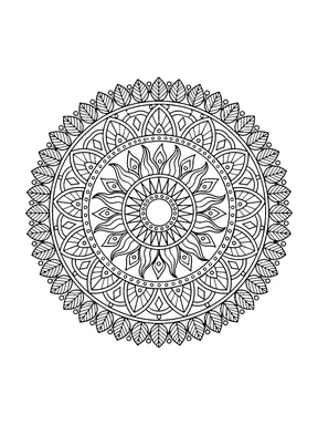 A detailed round mandala with an open sun center, flame-like rays, a bead band, looping arches, and a crown of veined leaves.
