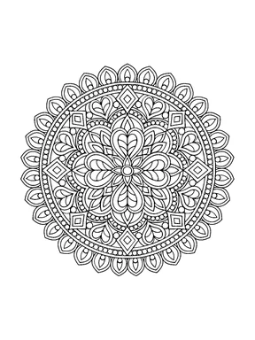 A detailed round mandala with a layered lotus flower, curved petal panels, diamond tiles, dotted rings, and an outer row of teardrop petals.