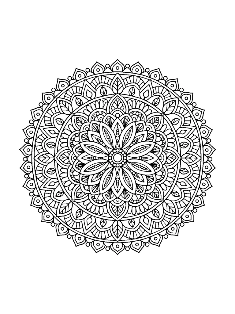 A detailed round mandala with a small flower center, long layered petals, scalloped bands, leaf cells, and a pointed lace border.