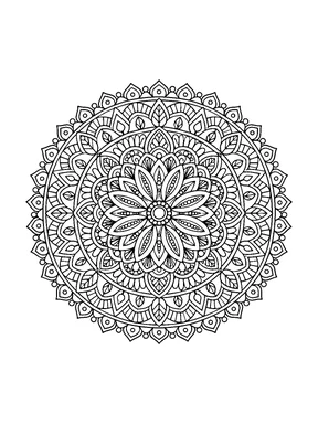 A detailed round mandala with a small flower center, long layered petals, scalloped bands, leaf cells, and a pointed lace border.