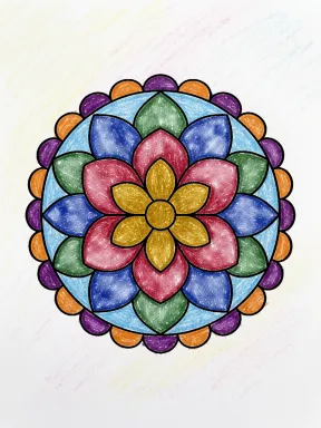 Layered Petal Mandala Coloring Page colored with AI in crayon style