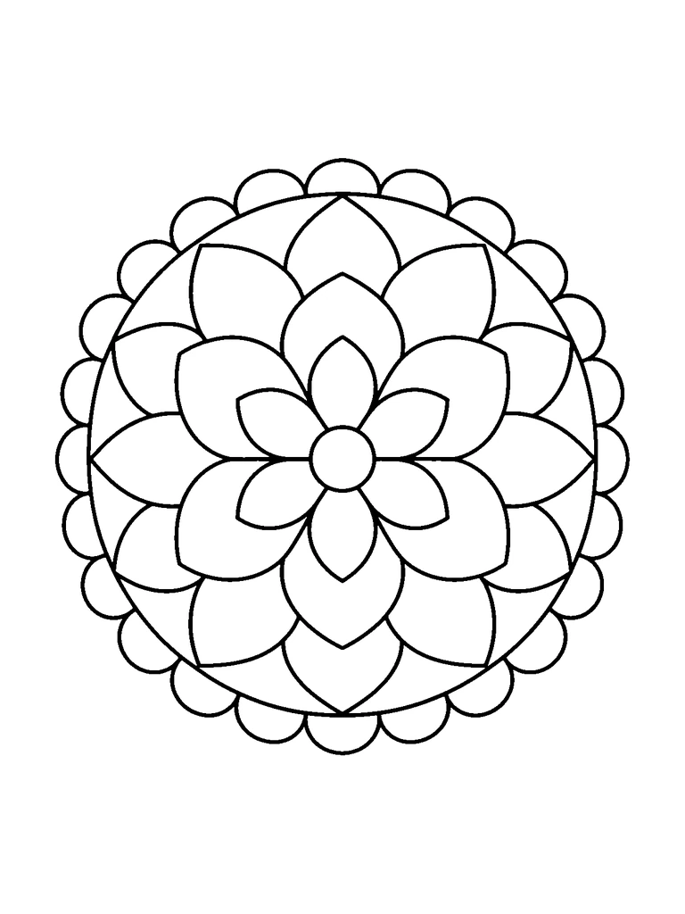 A centered round mandala with a small flower in the middle, overlapping petal rings, and a scalloped outer edge.