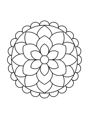 A centered round mandala with a small flower in the middle, overlapping petal rings, and a scalloped outer edge.