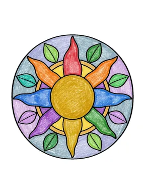Leafy Sun Mandala Coloring Page colored with AI in crayon style