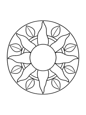 A round sun mandala with a plain circular center, long wavy rays, small leaves, and one outer circle.