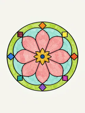 Teardrop Flower Mandala Coloring Page colored with AI in crayon style